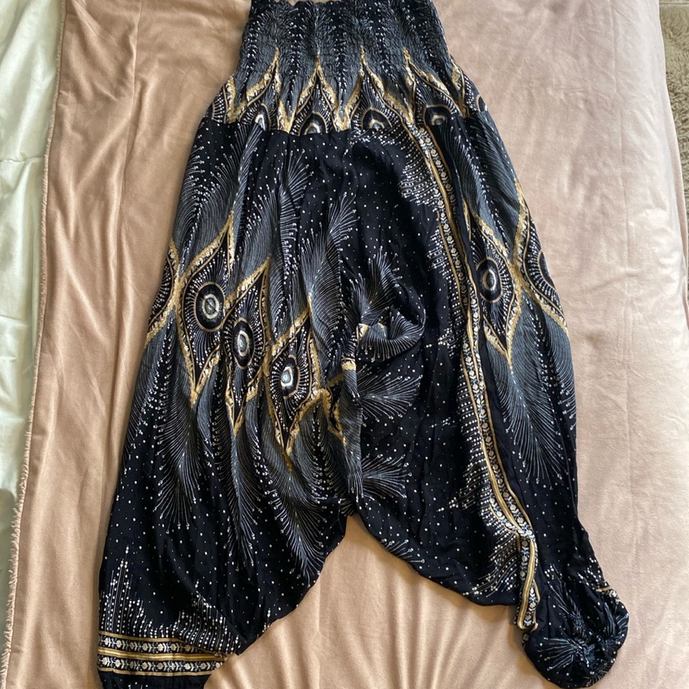 Black and gold drop crotch harem pants